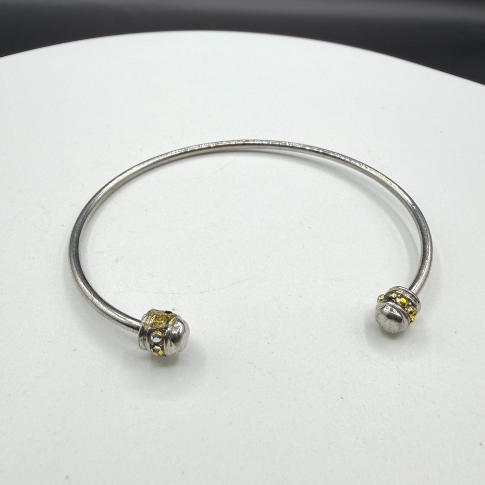 Silver Tone Open Cuff Bracelet Yellow Crystal Beaded End Caps Minimalist Jewelry
